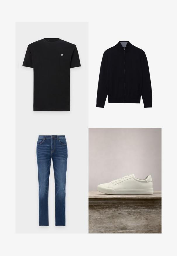 Schwarze Zip-Jacke mit hohem Kragen, gerippten Bündchen und zwei Seitentaschen. Hergestellt aus einem glatten, strukturierten Material.; Schwarz Baumwoll-T-Shirt mit kurzen Ärmeln, rundem Halsausschnitt und einem kleinen weißen Logo auf der linken Brustseite. Glatte Textur, schlichtes Design.; Dunkelblaue Denim-Jeans mit klassischem gerade geschnittenem Schnitt, Fünf-Taschen-Design und leichtem Verblassen an den Beinen. Mit Knopf- und Reißverschluss.; Weiße Schnürsneaker, die über einer Holzbank mit grünem Laub im Hintergrund schweben und das Schuhdesign sowie die Textur zeigen.