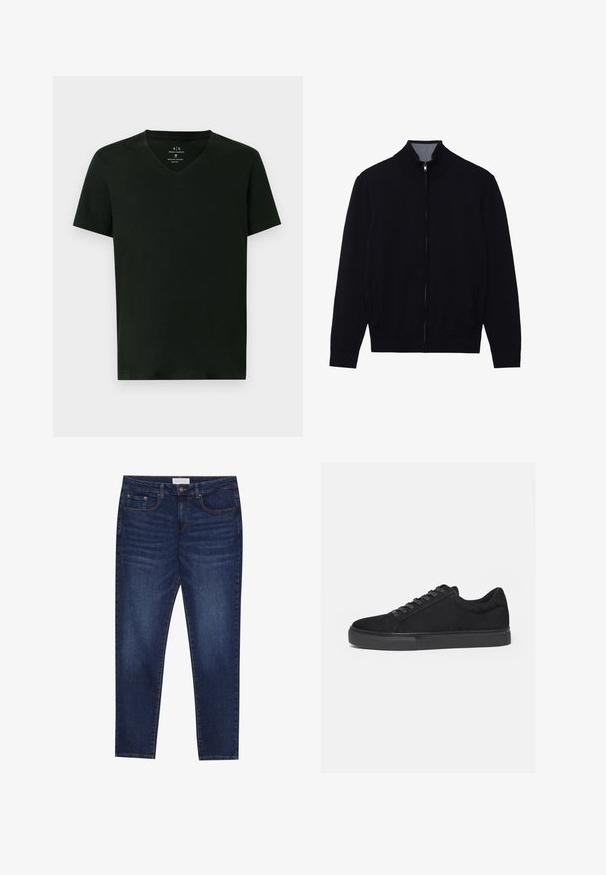 Veste noire zippée avec un col haut, des poignets côtelés et deux poches latérales. Fabriquée dans un matériau lisse et texturé.; T-shirt en coton noir pour homme d'Armani Exchange avec des manches courtes et un col en V, taille moyenne, présenté à plat sur fond blanc.; Jean slim-fit bleu foncé avec cinq poches, fermeture à bouton et couture contrastante, étiqueté Pier One à la taille.; Baskets basses noires avec fermeture à lacets à l'avant et semelle en caoutchouc plate, vues de profil sur fond blanc.