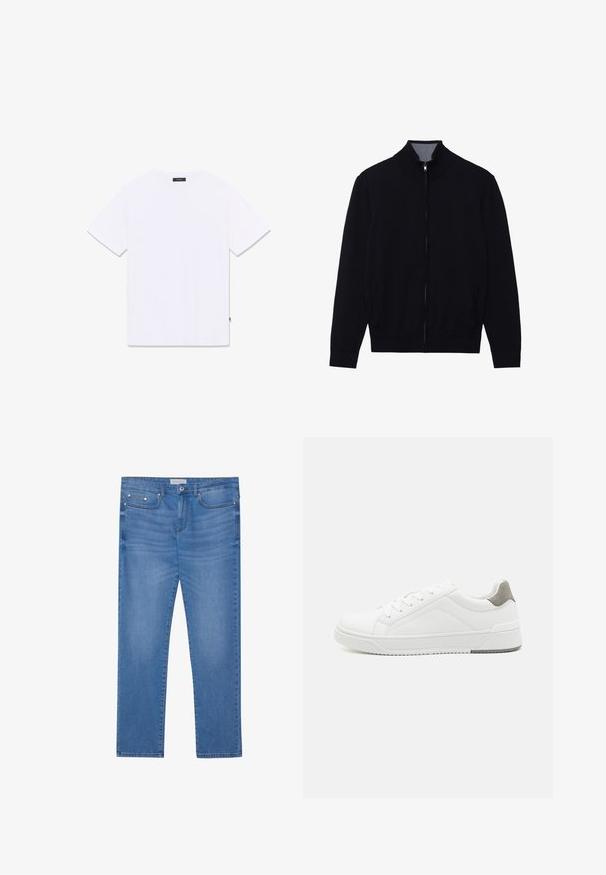 Veste noire zippée avec un col haut, des poignets côtelés et deux poches latérales. Fabriquée dans un matériau lisse et texturé.; T-shirt blanc à manches courtes et col rond, présenté à plat de dos, avec une petite étiquette noire à l'encolure et à la couture latérale.; Jeans en denim bleu clair avec une coupe droite, design à cinq poches, décoloration subtile et accents en métal au niveau de la taille et des poches.; Basket blanche en cuir lisse, à bout arrondi, design minimaliste, accent de talon gris et semelle en caoutchouc texturé.