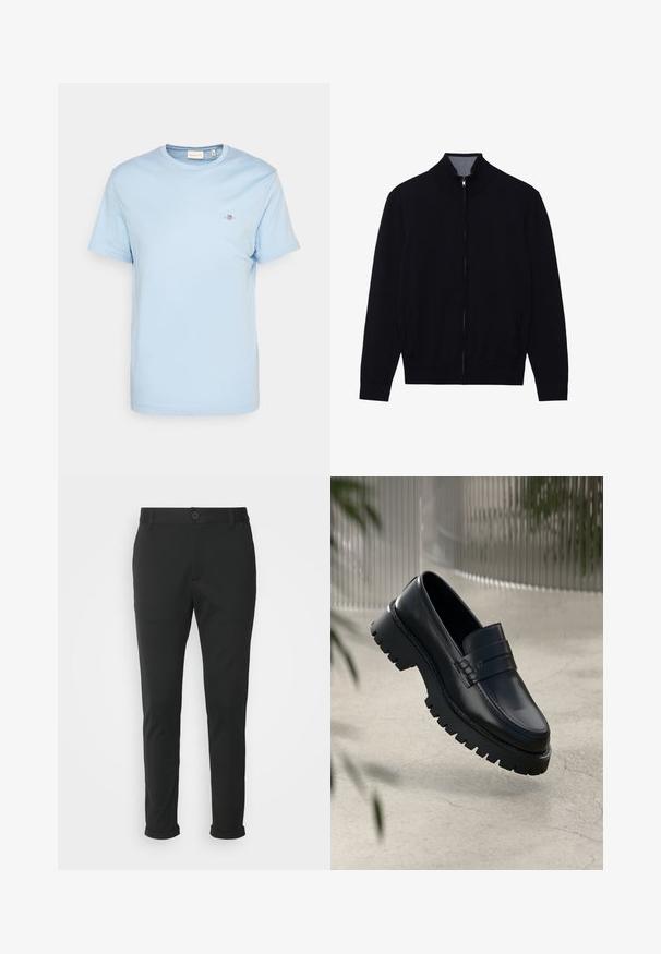Veste noire zippée avec un col haut, des poignets côtelés et deux poches latérales. Fabriquée dans un matériau lisse et texturé.; T-shirt en coton bleu clair avec un col rond, des manches courtes et un petit logo brodé sur la poitrine. Texture lisse, coupe standard.; Pantalons noirs en tissu lisse avec une coupe droite. Présentent une fermeture à bouton unique et des ourlets roulés.; Mocassins en cuir noir avec une semelle à crampons épaisse, dotés d'une sangle décorative et de détails de couture. Texture lisse avec une finition polie.