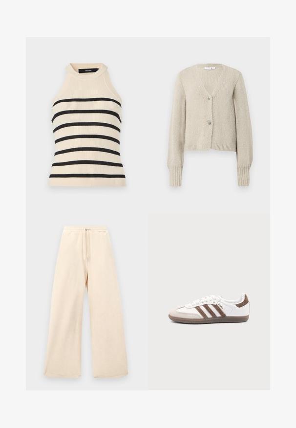 Beige strikket cardigan med lange ærmer, V-hals, ribbede manchetter og kant, samt to dekorative sølvfarvede bueformede knapper.; Ærmeløs top med ribstrik i creme med sorte horisontale striber. Design med høj hals. Blød tekstur, kropsnær silhuet og minimalistisk æstetik.; Bredde benbukser i lysbeige, lavet af et struktureret stof. Har en elastisk talje med snoretræk. Enkel, udekoreret design.; Hvid Adidas Samba sneaker med brune ruskindstriber, brun gummisål og beige ruskindståhætte, vist fra ydersiden på en ensfarvet baggrund.