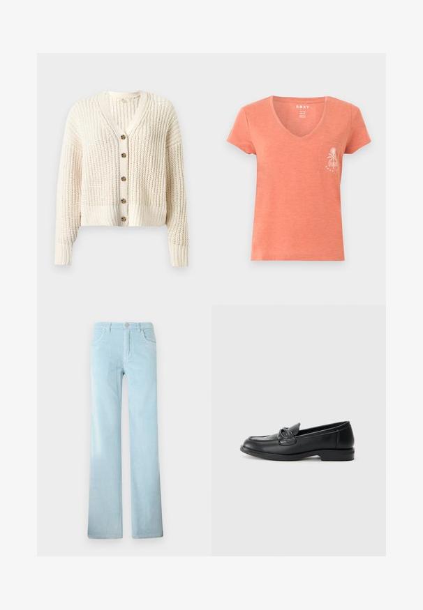 Cremefarvet chunky strikket cardigan med lange ærmer, V-hals, ribbede manchetter, kant og fem brune knapper foran.; Koralfarvet T-shirt til kvinder med korte ærmer og V-hals, med en lille lomme på venstre bryst, der har et hvidt motiv af palme og bølge.; Lyseblå kordbukser med lige ben, knaplukning og forlommer, vist på en ensfarvet hvid baggrund.; Sorte læder loafers med rund tå, en syet design og en sløjfeaccent på overlappen. Lav blokhæl og glat tekstur.