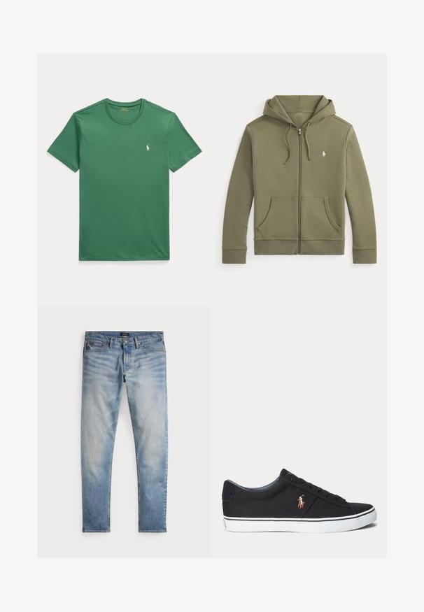 Olivovo zelená mikina na zips s prednými vreckami, kapucňou na šnúrky a malým bielym logom Polo Ralph Lauren na ľavej strane hrudníka.; Zelené tričko s krátkym rukávom a okrúhlym výstrihom s malým bielym logom koníka Polo Ralph Lauren na ľavej strane hrudníka.; Svetlomodré denimové nohavice s bledým povrchom, dizajnom na päť vreciek a kontrastným prešívaním. Obsahujú zips a pútka na opasok. Rovný strih.; Čierna nízka teniska s bielou podrážkou a vyšitým logom hráča póla na boku, s šnurovaním a textúrovaným vrchným materiálom.