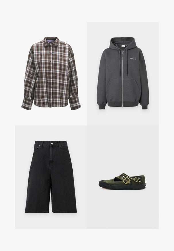 Sudadera con cremallera de color gris oscuro, hecha de una tela suave, que cuenta con un bolsillo frontal, capucha con cordón y un pequeño logo blanco en el pecho.; Camisa de manga larga con botones, con patrón de cuadros marrón, negro y blanco y un cuello clásico sobre un fondo blanco.; Pantalones cortos de mezclilla negra hasta la rodilla con botón frontal, trabillas para cinturón, y bolsillos laterales y para monedas, mostrados sobre un fondo claro y sencillo.; Zapatilla Mary Jane de ante verde oliva con suela de goma negra, puntera estriada, tachuelas en forma de estrella y dos correas con hebillas de latón.