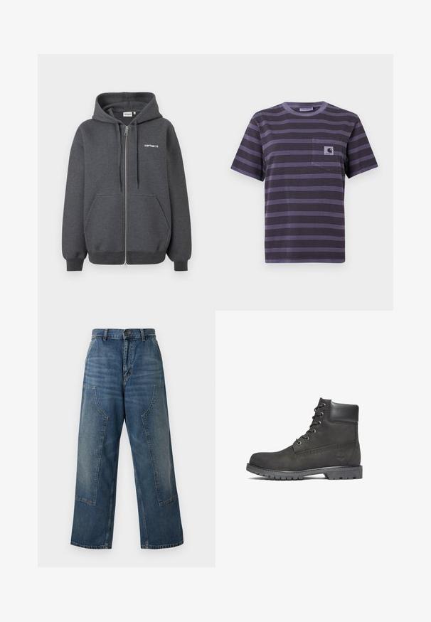 Mørkegrå zip-up hoodie lavet af blødt stof, med en frontlomme, snor til hætten og et lille hvidt logo på brystet.; Lilla stribet t-shirt med en lomme på venstre bryst, der har vandrette sorte striber. Blødt stof, korte ærmer, rund halsudskæring.; Vidbenede denimjeans i en mediumblå vask med højtaljet pasform og kontrastpaneler. Fremstillet af robust bomuldsmateriale.; Sorte læder ankelstøvler med rund tå, snørelukning foran, polstret krave og mønstret gummisål. Har et logo præget på siden.