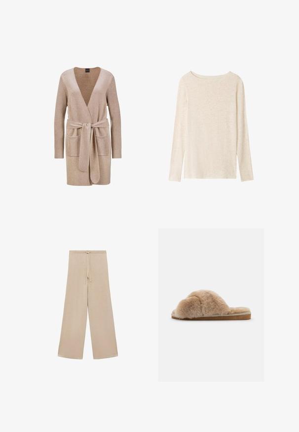 Beige gestrickte Strickjacke mit langen Ärmeln, V-Ausschnitt, tailliertem Gürtel und zwei vorderen Taschen mit gerippter Textur. Weicher, strukturierter Stoff.; Langärmliges, hellbeiges Strickoberteil mit U-Boot-Ausschnitt und dezent melierter Textur.; Beige weit geschnittene Hose aus weichem Stoff, mit einem Kordelzugbund und glatter Textur, ohne Muster oder zusätzliche Hardware.; Flauschiger beiger Hausschuh mit weicher Textur, offener Ferse und Innenfutter. Flache Sohle mit einem hellbraunen Fußbett und beigen Nähten.