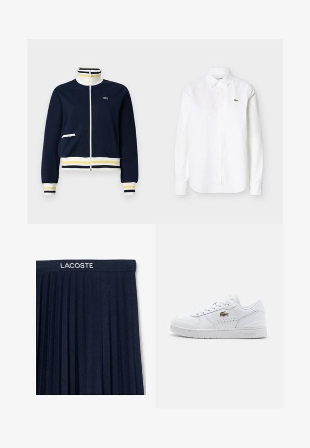 Navyblå jakke med lynlås med ribbet krave, manchetter og kant i hvid, gul og sort stribet mønster, hvid lynlåslomme og lille grønt logo på brystet.; Hvid skjorte med lange ærmer og knapper samt krave, med en lille grøn krokodille-logo på venstre bryst.; Marinblå plisseret nederdel med elastisk talje og hvid "LACOSTE" logo. Blød stofstruktur med lodrette plisseringer for bevægelse.; Hvide lædersneakers med en glat overflade, rund tå, perforeret side for åndbarhed, og et guld Lacoste-logo på ydersiden.