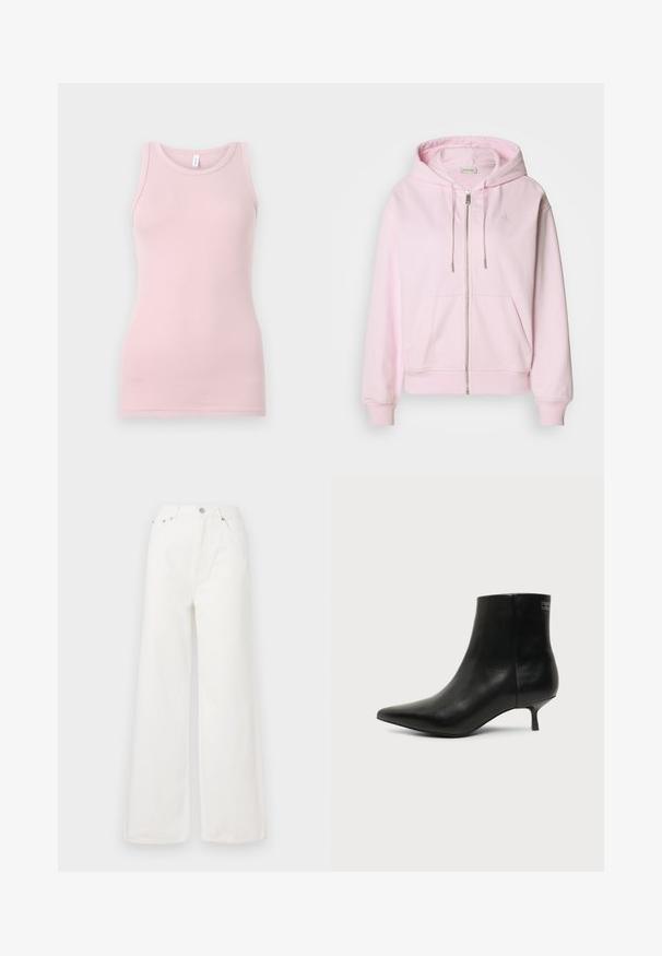 Haut à zip rose clair avec une poche avant, capuche à cordon de serrage, logo brodé et poignets et ourlet côtelés. Texture de tissu douce.; Débardeur rose clair en tissu doux et extensible. Il présente un col rond et des bretelles étroites, avec une texture lisse et une coupe ajustée.; Jeans large à taille haute blancs en denim. Comprend des poches avant, une fermeture à bouton et des détails d'ourlet effiloché.; Bottine en cuir noir avec bout pointu et petit talon kitten sur fond clair, vue côté extérieur.