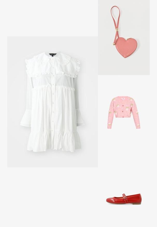 Lyserød strikket cardigan med V-hals, der har broderede rosendesigner i hvid og grøn. Lynlås foran og lange ærmer.; Hvid bomulds kjole med en flæset krave, knaplukning foran og udvidede ærmer. Den har et lagdelt design med samlede elementer ved taljen.; Røde lakerede flade sko med rund tå, en dekorativ rem med en cirkulær spænde og en glat, blank overflade.; Lyserød hjerteformet lædermøntpose med håndledsrem og guldlås, mærket med lille gyldent "Furla"-tekst.