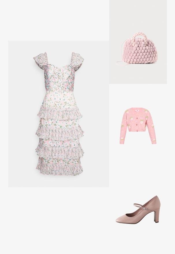 Lyserød strikket cardigan med V-hals, der har broderede rosendesigner i hvid og grøn. Lynlås foran og lange ærmer.; AMUR GRADY COMBO PLEATED - Cocktailkjole / festkjole - rosewater posey; Lyserød læderhøjhælet sko med rundet tå, ankelrem og bølget kant. Har en slank blokhæle for støtte.; Lyserød pom-pom tekstureret håndtaske med et flet håndtag og en tynd rem. Rund form, blød overflade, kompakt design.