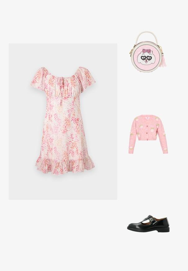 Cardigan tricoté rose avec un col en V, orné de motifs de roses brodés en blanc et vert. Fermeture à boutons sur le devant et manches longues.; Robe courte à fleurs avec manches bouffantes, encolure froncée et ourlet volanté dans des tons de rose et de pêche sur fond blanc.; Chaussure Mary Jane en cuir noir avec une sangle en T, détail de boucle argentée, bout arrondi et semelle basse. Texture lisse avec une finition polie.; Sac à main rond rose avec un visage de chien blanc et rose portant un nœud pailleté et des lunettes en forme de cœur, une poignée supérieure et une tirette de fermeture éclair à pompon sur le côté.