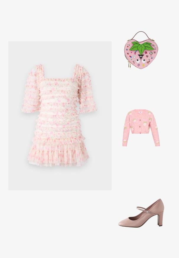 Roze gebreide cardigan met een v-hals, voorzien van geborduurde rozenontwerpen in het wit en groen. Voorkant met knoopsluiting en lange mouwen.; Gerimpelde jurk met een vierkante halslijn en pofmouwen, gemaakt van doorschijnende stof met roze bloemenpatronen en gelaagde frullen aan de onderkant.; Roze leren hoge hak met een afgeronde teen, enkelbandje en gegolfde rand. Voorzien van een smalle blokhak voor extra ondersteuning.; Hartvormige roze handtas met groene blaadjes bovenop en verschillende kleurrijke cartoonpatches, waaronder ogen, een lieveheersbeestje en emoji's.