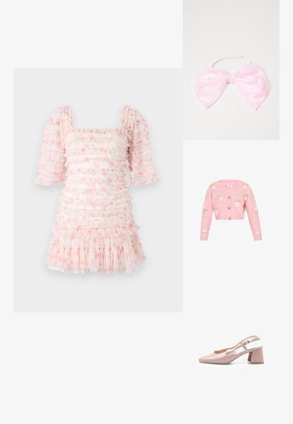 Cárdigan de punto rosa con escote en forma de V, que presenta diseños de rosas bordadas en blanco y verde. Cierre con botones en la parte delantera y mangas largas.; Vestido con volantes que presenta un escote cuadrado y mangas abullonadas, hecho de una tela transparente con patrones florales en rosa y volantes en la parte inferior.; Zapato de charol rosa con talón abierto, punta cuadrada, correa ajustable y tacón cuadrado. Superficie suave y diseño minimalista.; Accesorio para el cabello de color rosa y brillante con forma de gran lazo, con una textura suave y una delgada correa para asegurarlo en su lugar.