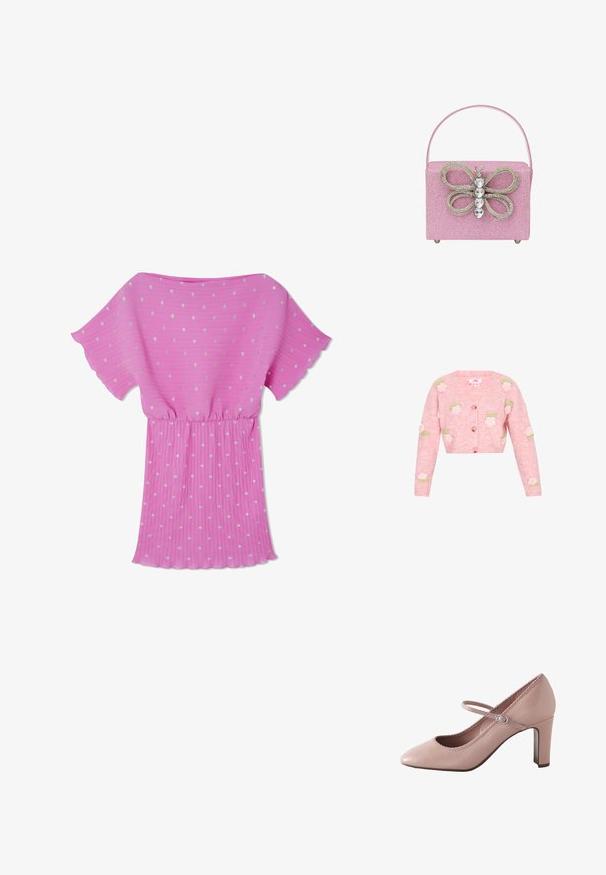 Roze gebreide cardigan met een v-hals, voorzien van geborduurde rozenontwerpen in het wit en groen. Voorkant met knoopsluiting en lange mouwen.; Roze geplooide jurk met korte fladdermouwen, versierd met zilveren stippen en een elastische taille voor een ontspannen pasvorm.; Roze leren hoge hak met een afgeronde teen, enkelbandje en gegolfde rand. Voorzien van een smalle blokhak voor extra ondersteuning.; Roze glitterhandtas met een vlinderontwerp van rhinestones, met een gestructureerde vorm en een enkele handgreep aan de bovenkant.