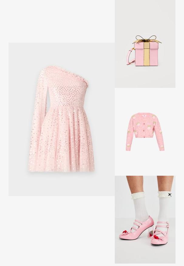Cardigan tricoté rose avec un col en V, orné de motifs de roses brodés en blanc et vert. Fermeture à boutons sur le devant et manches longues.; Robe rose à une épaule avec une longue manche transparente, décorée de paillettes, avec un col froncé et une jupe évasée.; Talons hauts en cuir verni rose avec un bout arrondi, trois brides et des embellissements en cerise. Le talon bloc transparent présente des accents floraux. Chaussettes blanches à côtes.; Petit sac à main rose en forme de boîte avec une sangle verticale dorée brillante et un nœud sur le dessus, doté d'une sangle de poignet rose sur le côté.