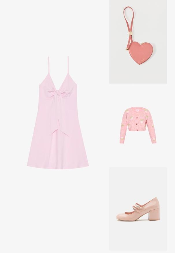 Cárdigan de punto rosa con escote en forma de V, que presenta diseños de rosas bordadas en blanco y verde. Cierre con botones en la parte delantera y mangas largas.; Vestido rosa sin mangas con un detalle de nudo en el frente y falda acampanada. Fabricado con un tejido suave de textura lisa. Tirantes finos ajustables.; Zapatos de tacón alto de charol rosa con punta redondeada, dos correas ajustables con hebilla y un tacón bloque transparente y grueso.; Monedero de cuero rosa en forma de corazón con correa para la muñeca y cremallera dorada, con la marca "Furla" en pequeño texto dorado.