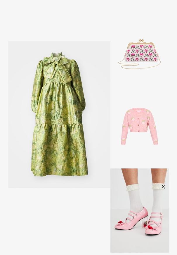 Lyserød strikket cardigan med V-hals, der har broderede rosendesigner i hvid og grøn. Lynlås foran og lange ærmer.; Grøn langærmet kjole med høj krave, lagdelt design og en tekstureret blomstermønster. Indeholder en stor sløjfe ved halsudskæringen.; Lyserøde laklæderhæle med rund tå, tre remme og kirsebærpynt. Klart blokhæl med blomsterdekorationer. Hvide ribbede sokker.; Clutch taske med et blomsterbroderet design i pink og grønt på en beige baggrund, med en lukning i guldfarvet tone og kædestropp.