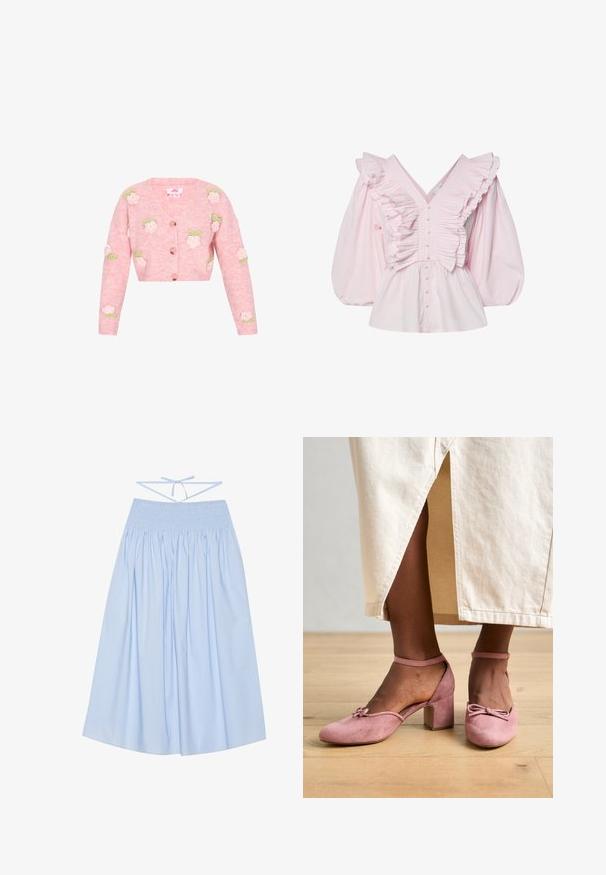 Lyserød strikket cardigan med V-hals, der har broderede rosendesigner i hvid og grøn. Lynlås foran og lange ærmer.; Pink bomuldsbluse med en dyb V-udskæring, rynkede detaljer langs kroppen og voluminøse puffede ærmer med knaplukning.; Lyseblå bomuldsnederdel med smocket talje, flydende silhuet, brede folder og tynde bindebånd i ryggen for justerbar pasform.; Lyserøde ruskinds-sko med blokhæle og rund tå, der har en dekorativ sløjfe foran og en ankelstrop. Båret med en let nederdel.