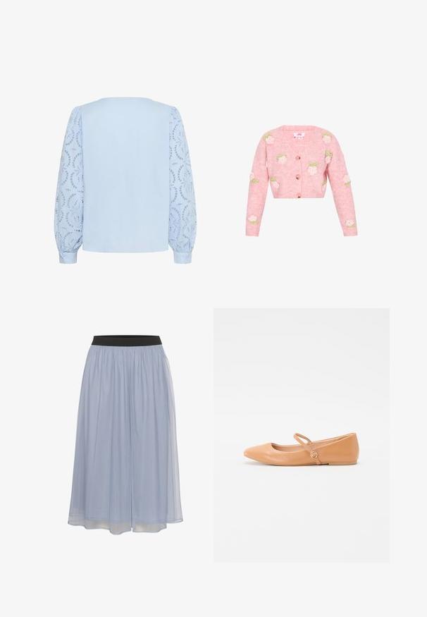 Lyserød strikket cardigan med V-hals, der har broderede rosendesigner i hvid og grøn. Lynlås foran og lange ærmer.; Lyseblå bluse med solid bagpanel og lange, puffede blondeærmer med cirkulære blomsterudskæringsmønstre og knapmanchetter.; Lys blå, knælang nederdel lavet af gennemsigtigt stof. Sort elastisk talje. Strømmende design med blød tekstur og let fald.; Nude læder balletklip med spids tå, udvendig rem og rund hardwaredetalje. Glat tekstur og minimalistisk design.