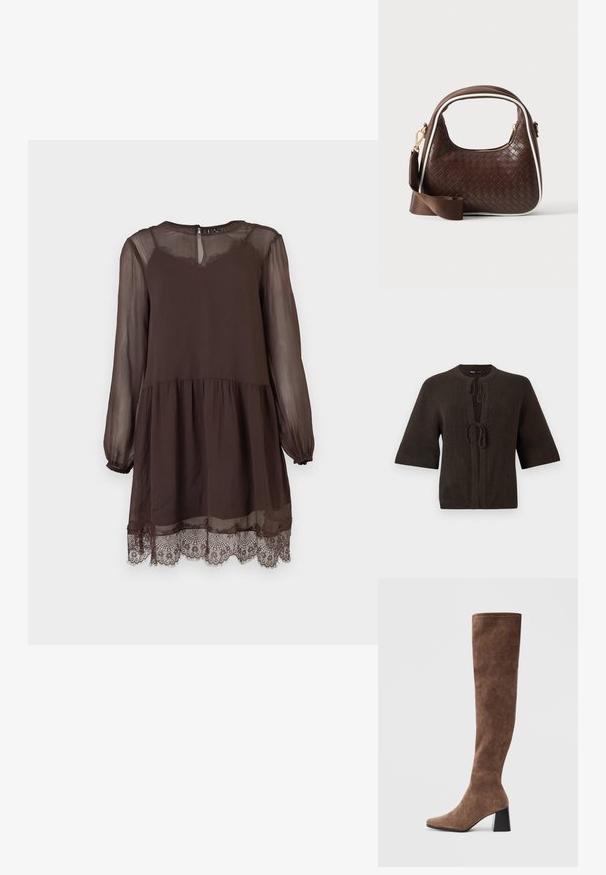Brun strikket cardigan med korte ærmer, med rund hals og bindebånd foran. Glat overflade, minimalistisk design.; Mørkebrunt, langærmet kjole i transparent stof, med indsnævret talje, nøglehulsudskæring og blondekant ved kanten.; Brune støvler over knæet lavet af blødt ruskind med spids tå og en kraftig sort hæl. Designet har sømløs syning for et elegant udseende.; Brun vævet læderhåndtaske med hvid piping, guldfarvet lynlås og aftagelig brun stofskulderrem.