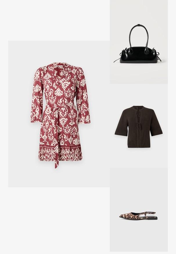 Cardigan en tricot marron à manches courtes, avec un col rond et un système de fermeture à nouer à l'avant. Texture lisse, design minimal.; Robe à motifs rouges et blancs avec une taille à nouer, des manches longues et un décolleté en V. Présente un design floral et géométrique complexe.; Ballerine à enfiler en imprimé léopard, avec un bout pointu, des côtés ouverts et un petit talon noir. Le matériau semble lisse avec un léger éclat.; Petit sac à main noir brillant avec deux longues anses et des détails à cordon sur les côtés sur un fond clair uni.