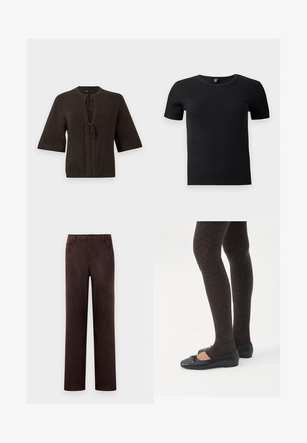 Brun strikket cardigan med korte ærmer, med rund hals og bindebånd foran. Glat overflade, minimalistisk design.; Sort kortærmet t-shirt lavet af ribbet stof. Har en klassisk rund hals og en tætsiddende silhuet. Ingen yderligere accenter.; Mørkebrun suedebukser med lige ben, frontknap og lynlås, bæltesløjfer og sidelommer.; Ben iført mørke ribbede leggings kombineret med sorte balletsko med små sløjfedetaljer på hvid baggrund.