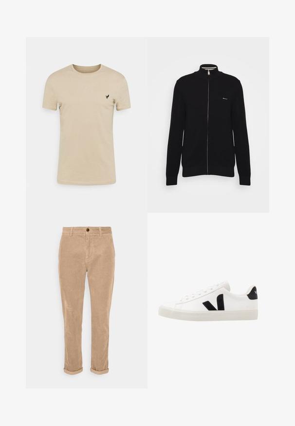 GANT Strickjacke - black; Beige Kurzarm-T-Shirt aus weichem Stoff, mit rundem Ausschnitt und einem kleinen schwarzen Vogel-Logo auf der linken Brustseite.; Beige Corduroyhosen im Slim Fit mit umgeschlagenen Säumen, einem Knopfverschluss vorne und einem strukturierten Rippmuster.; Weiße Leder-Sneaker mit schwarzen Wildlederelementen; verfügen über eine Gummisohle, eine runde Spitze und ein klassisches Schnürdesign. Seitliches Logo in Schwarz.