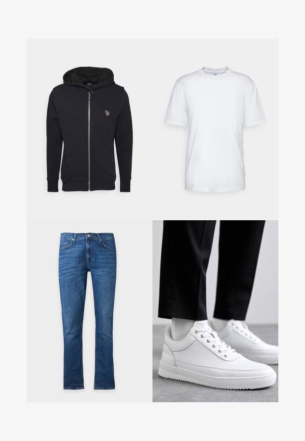 Zwarte ritssluiting hoodie gemaakt van zachte stof, met een capuchon met trekkoord en een klein geborduurd ontwerp op de borst. Geribde cuffs en zoom.; Witte katoenen t-shirt met een ronde hals, korte mouwen en een rechte zoom. Heeft een klein merktag aan de linkerkant van de zijnaad.; Rechte blauwe denim jeans met knoop aan de voorkant, ritssluiting en ontwerp met vijf zakken, frontaal getoond op een effen achtergrond.; Witte leren sneakers met een platte rubberen zool, met een soepele afwerking, ronde neus en metalen oogjes voor de veters. Draag ze met een zwarte broek.