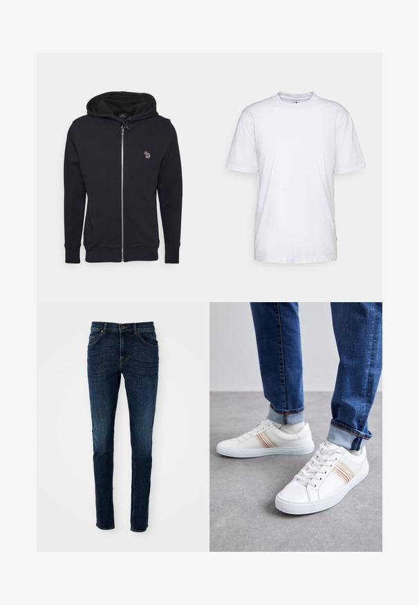 Haut à fermeture éclair noir en tissu doux, avec une capuche à cordon de serrage et un petit design brodé sur la poitrine. Poignets et ourlet côtelés.; T-shirt en coton blanc avec un col rond, des manches courtes et un ourlet droit. Présente une petite étiquette de marque sur la couture latérale gauche.; Jeans en denim bleu foncé avec une coupe slim, un design structuré, un style à cinq poches et de légères décolorations le long des jambes et des coutures.; Baskets en cuir blanc avec des rayures multicolores, design à lacets, semelle en caoutchouc et col rembourré, associées à un jean en denim bleu.