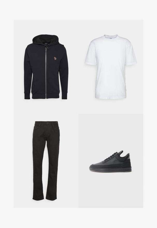Sort lynlåshoodie lavet af blødt stof, med en hætte med snørebånd og et lille broderet design på brystet. Ribbet manchetter og kant.; Hvid bomulds t-shirt med rund hals, korte ærmer og lige kant. Har et lille mærke på den venstre sidesøm.; JOOP! Jeans MITCH - Jeans Straight Leg - black; Sorte læder sneakers med en struktureret overflade, snørebåndsdesign, lav top og en grå gummisål med en rillekant.