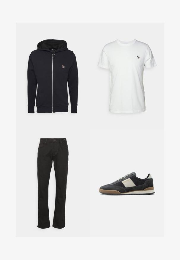 Zwarte ritssluiting hoodie gemaakt van zachte stof, met een capuchon met trekkoord en een klein geborduurd ontwerp op de borst. Geribde cuffs en zoom.; Witte katoenen t-shirt met een klassieke ronde hals en korte mouwen. Bevat een klein, meerkleurig geborduurd paardenlogo op de borst.; JOOP! Jeans MITCH - Straight leg jeans - black; Heren lage sneaker in donkergrijs en zwart suède met een beige zijstreep, goudkleurige merktekst, patroonveters en een witte en bruine zool.