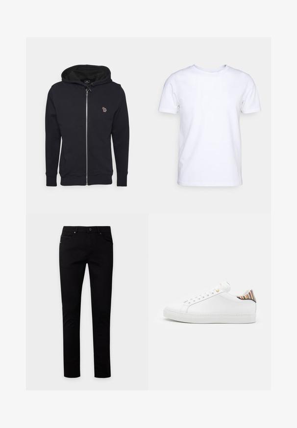 Sort lynlåshoodie lavet af blødt stof, med en hætte med snørebånd og et lille broderet design på brystet. Ribbet manchetter og kant.; Hvid kortærmet t-shirt i bomuldsstof med rund halsudskæring. Enkel design uden mønstre eller detaljer. Glat tekstur.; Sorte slim-fit jeans med knap- og lynlåslukning, for- og baglommer, vist på en ensfarvet lys baggrund.; Hvide lædersneakers med en glat overflade, prydet med en farverig stribet detalje på hælen, guldøje og flad hvid sål.