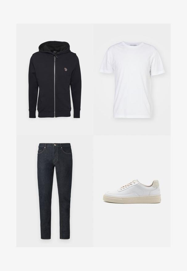 Sudadera con cremallera en color negro, hecha de un tejido suave, que presenta una capucha ajustable con cordón y un pequeño diseño bordado en el pecho. Puños y dobladillo acanalados.; Camiseta de algodón blanca con escote redondo, mangas cortas y corte recto. Sin patrones ni adornos, textura suave y diseño sencillo.; Jeans vaqueros ajustados de mezclilla azul oscuro con bolsillos delanteros, trabillas para cinturón y cierre de botón en la cintura.; Zapatilla blanca con parte superior de cuero suave, cordones beige y un tirador de talón de ante beige texturizado. Suela elevada para mayor altura.