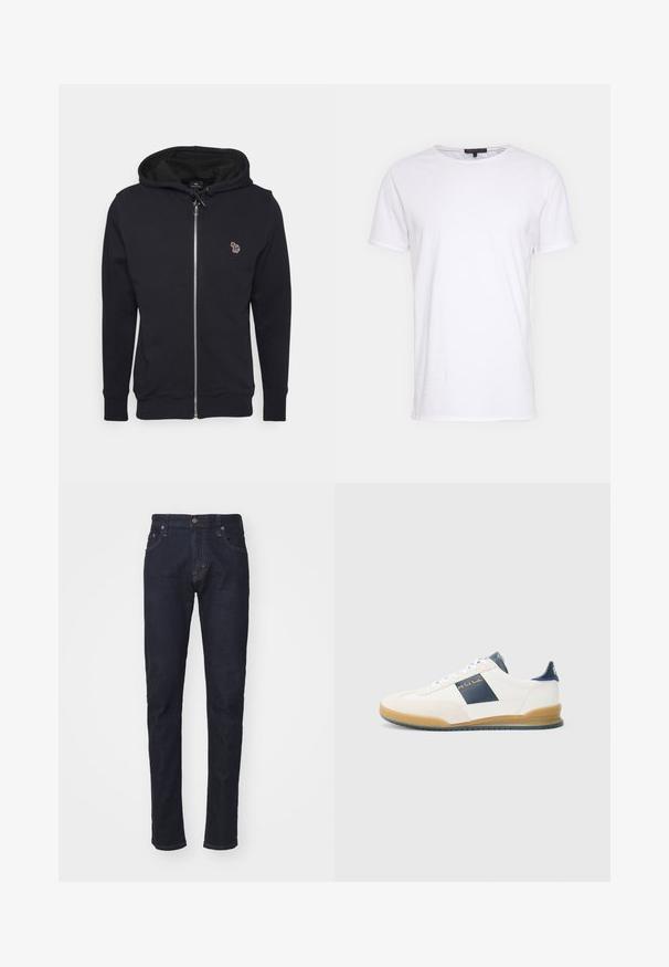 Sudadera con cremallera en color negro, hecha de un tejido suave, que presenta una capucha ajustable con cordón y un pequeño diseño bordado en el pecho. Puños y dobladillo acanalados.; Camiseta de algodón blanca con cuello redondo, mangas cortas y corte recto. Presenta una textura simple y suave sin patrones adicionales.; Jeans de denim azul oscuro con un corte slim, diseño de cinco bolsillos y cierre de botón. Presenta costuras en contraste y un corte de pierna recta.; Zapatillas blancas con acento en navy, material de ante y cuero, puntera redondeada y suela de goma. Presenta el logo en el lateral y la parte trasera.