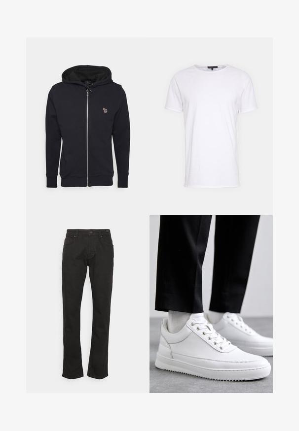Schwarze Zip-Hoodie aus weichem Material, mit einer Kapuze mit Kordelzug und einem kleinen gestickten Design auf der Brust. Gerippte Bündchen und Saum.; Weißes Baumwoll-T-Shirt mit Rundhalsausschnitt, kurzen Ärmeln und geradem Schnitt. Verfügt über eine einfache, glatte Textur und keine zusätzlichen Muster.; JOOP! Jeans MITCH - Jeans Straight Leg - black; Weiße Leder-Sneaker mit flacher Gummisohle, ausgestattet mit einer glatten Oberfläche, runder Zehenpartie und Metallösen für die Schnürsenkel. Getragen mit schwarzen Hosen.
