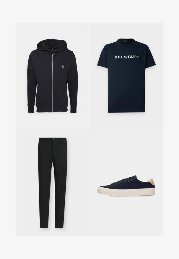 Sort lynlåshoodie lavet af blødt stof, med en hætte med snørebånd og et lille broderet design på brystet. Ribbet manchetter og kant.; Marineblå bomulds T-shirt med korte ærmer, rund halsudskæring og hvid "BELSTAFF" tekst trykt på forsiden. Enkel design, blød tekstur.; Sorte slimfit bukser med bæltestropper, knaplukning og forlommer, vist fladt på en lysegrå baggrund.; Navyblå lav sko med beige hæltab, hvid tyk sål og snørebånd, vist fra venstre side på lysegrå baggrund.