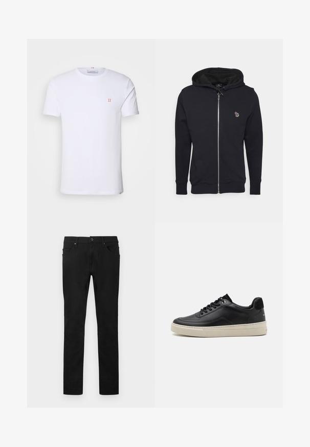Schwarze Zip-Hoodie aus weichem Material, mit einer Kapuze mit Kordelzug und einem kleinen gestickten Design auf der Brust. Gerippte Bündchen und Saum.; Weißes Baumwoll-T-Shirt mit kurzen Ärmeln, das ein kleines orangefarbenes "II"-Logo auf der linken Brust und einen Rundhalsausschnitt aufweist. Einfaches Design und Textur.; Schwarze Hose mit geradem Bein, Frontknopf und Reißverschluss, Gürtelschlaufen und Fünf-Taschen-Design vor weißem Hintergrund.; Schwarzer Ledersneaker mit niedrigem Profil, ausgestattet mit einer cremefarbenen Gummisohle, runder Zehe und Schnürdesign, akzentuiert mit einer Ferse aus schwarzem Wildleder.