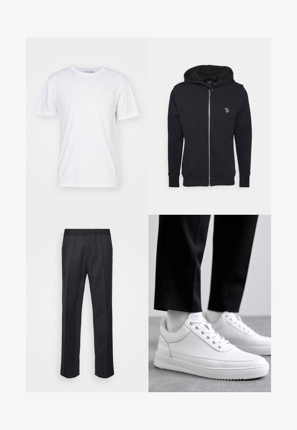 Schwarze Zip-Hoodie aus weichem Material, mit einer Kapuze mit Kordelzug und einem kleinen gestickten Design auf der Brust. Gerippte Bündchen und Saum.; Weißes Baumwoll-T-Shirt mit Rundhalsausschnitt, kurzen Ärmeln und geradem Schnitt. Keine Muster oder Verzierungen, glatte Textur und schlichtes Design.; Schwarze Hose mit lockerer Passform, ausgestattet mit einem elastischen Bund, geraden Beinen und einer weichen, glatten Stoffstruktur.; Weiße Leder-Sneaker mit flacher Gummisohle, ausgestattet mit einer glatten Oberfläche, runder Zehenpartie und Metallösen für die Schnürsenkel. Getragen mit schwarzen Hosen.