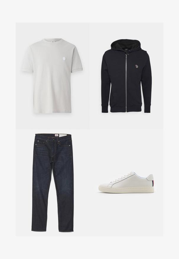 Schwarze Zip-Hoodie aus weichem Material, mit einer Kapuze mit Kordelzug und einem kleinen gestickten Design auf der Brust. Gerippte Bündchen und Saum.; Helles graues Baumwoll-T-Shirt mit kurzen Ärmeln, rundem Ausschnitt und einem kleinen hexagonalen weißen Logo auf der oberen linken Seite. Glatte Textur.; rag & bone FIT AUTHENTIC - Jeans Straight Leg - astor; Weiße Ledersneaker mit einer glatten Textur, runder Spitze, flacher Sohle und einfarbigen Schnürsenkeln. Besitzt einen bunten gestreiften Akzent an der Ferse.