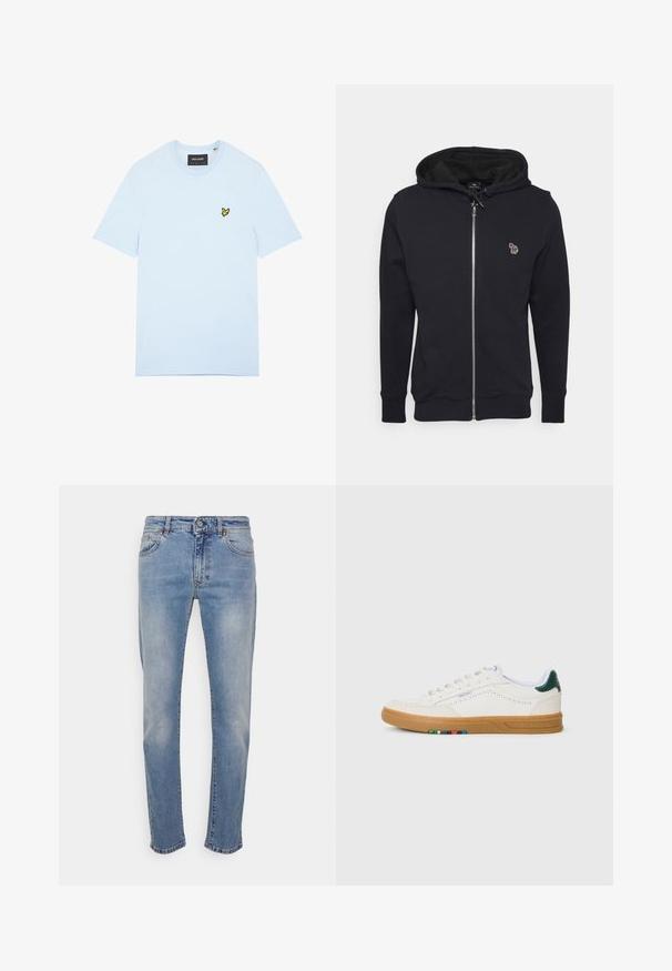 Sort lynlåshoodie lavet af blødt stof, med en hætte med snørebånd og et lille broderet design på brystet. Ribbet manchetter og kant.; Lyseblå bomulds t-shirt med rund halsudskæring, med en lille gul fuglelogo broderet på venstre bryst. Korte ærmer, ensfarvet.; Lysblå denimjeans med et klassisk lige ben-design, fem lommer, bælteløkker og en lynlås med knaplukning.; Hvide lædersneakers med perfereret design, gummisul, grøn hælaccent og farverig stribe detalje på siden.