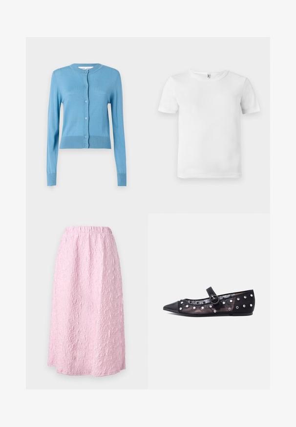 Lyseblå cardigan med rund halsudskæring, lange ærmer og knaplukning. Fremstillet af et blødt materiale med ribbede detaljer i kanten.; Hvid kortærmet t-shirt med ribbet tekstur. Klassisk crew neckline, ingen synlige logoer eller mønstre, og et simpelt, rent design.; Lys rosa, knælang nederdel med en tekstureret, krøllet design. Elastisk talje for komfort og nem påklædning. Ingen synlig lukning.; Sort spids Mary Jane-flad sko med gennemsigtige mesh-sider dekoreret med sølvnitter og en rund spænde-rem.