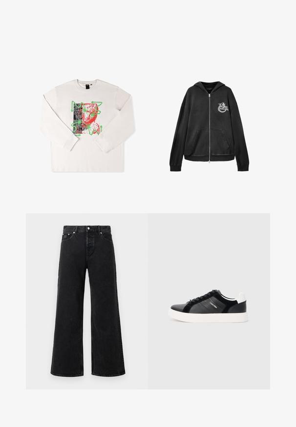 Sweat à capuche noir avec fermeture éclair, poches avant, un motif de dragon blanc et le texte "AllSaints" sur le côté gauche de la poitrine.; T-shirt à manches longues blanc avec un imprimé graphique aux accents rouges et verts, un design abstrait et un fond noir motif.; Jean large taille haute noirs avec un bouton sur le devant, des passants de ceinture et un design à cinq poches sur fond blanc.; Baskets noires avec des panneaux en cuir brillant et en daim, semelle blanche et lacets noirs. Présente un logo sur le côté et un détail de talon contrastant.