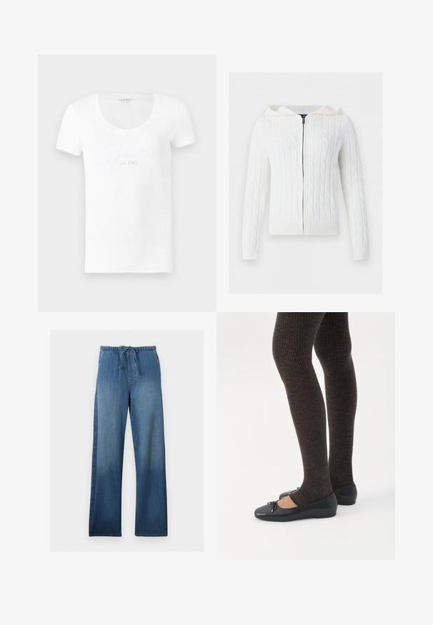 Sweat à capuche blanc en maille torsadée avec fermeture éclair, manches longues et poignets et ourlet côtelés sur fond uni.; T-shirt blanc à manches courtes en coton : il présente un col rond et un logo texturé « Guess est.1981 » en blanc assorti sur l'avant.; Pantalon en denim bleu à jambes larges avec taille élastique et cordon, présentant un effet délavé sur le devant des jambes.; Jambes portant des leggings côtelés foncés associés à des ballerines noires avec de petits détails en nœud sur fond blanc.