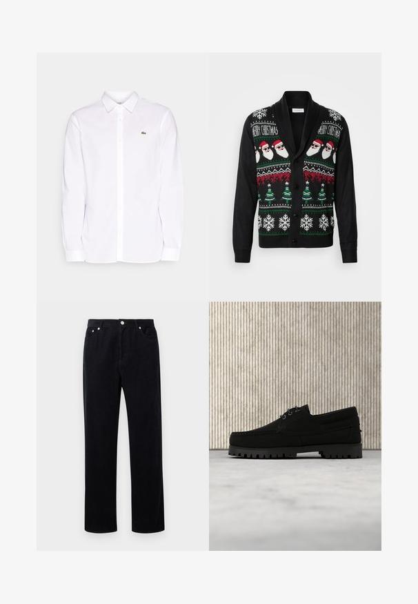 Cárdigan negro con un diseño festivo que presenta caras de Santa, árboles de Navidad y copos de nieve en patrones de punto blanco, rojo y verde.; Camisa blanca de manga larga hecha de algodón, que presenta un collar tipo button-down, un logo bordado verde en el lado izquierdo del pecho y puños rectos.; Pantalones de pana negra con diseño de pierna recta, que cuentan con un cierre de botón y cremallera, cinco bolsillos y un tejido suave y texturizado.; Zapato negro de cordones con suela gruesa y acanalada flotando sobre una alfombra beige, mesa redonda moderna de color marrón en un fondo de habitación con luz suave.