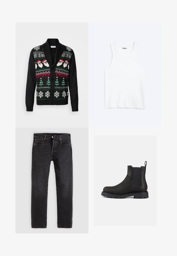 Cardigan noir avec un design festif comprenant des visages de Santa, des sapins de Noël et des flocons de neige dans des motifs en tricot blanc, rouge et vert.; Débardeur blanc sans manches avec col rond et étiquette de la marque Weekday à l'intérieur du col arrière, présenté à plat sur un fond clair.; Jean en denim noir à coupe droite, avec deux poches avant, une poche à monnaie et des rivets en métal. Design classique à cinq poches.; Bottines Chelsea en cuir noir avec des panneaux latéraux élastiques, une languette de traction et une semelle en caoutchouc texturée pour une bonne adhérence. Design épuré et finition discrète.