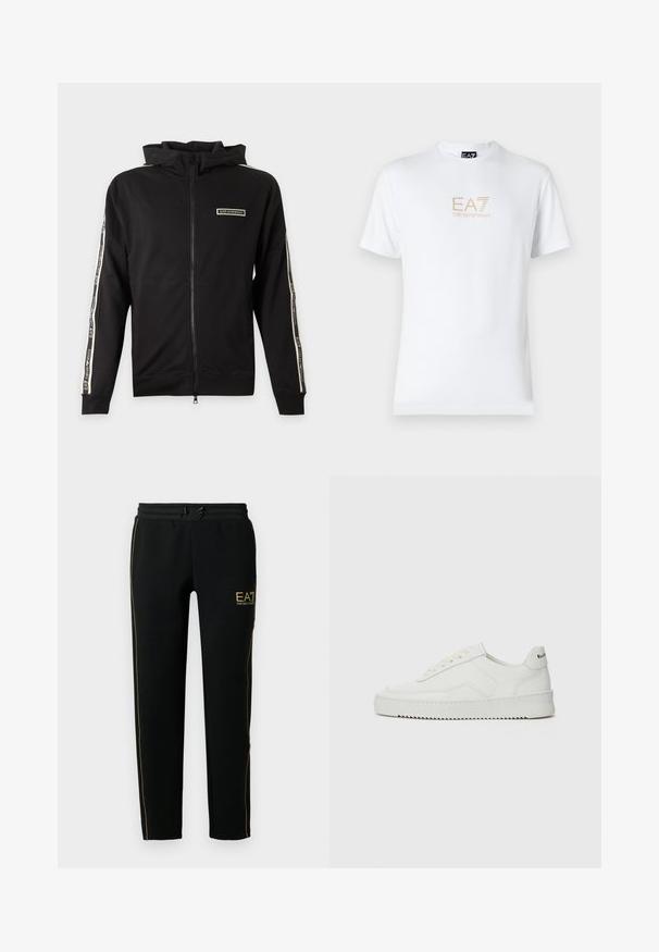 Čierna mikina s kapucňou na zips s logom na hrudi a pásikmi s označením pozdĺž rukávov.; Biela bavlnená tričko s okrúhlym výstrihom a krátkymi rukávmi, na prednej strane s potlačou zlatého loga EA7 Emporio Armani.; Čierne tepláky majú zúžený strih, elastický pás so šnúrkou a zlaté prízvuky pozdĺž strán a na logu.; Biele kožené tenisky s hladkým povrchom, okrúly špičkový dizajn, ploché šnúrky a textúrovaná podrážka. Obsahujú jemné logo na päte.