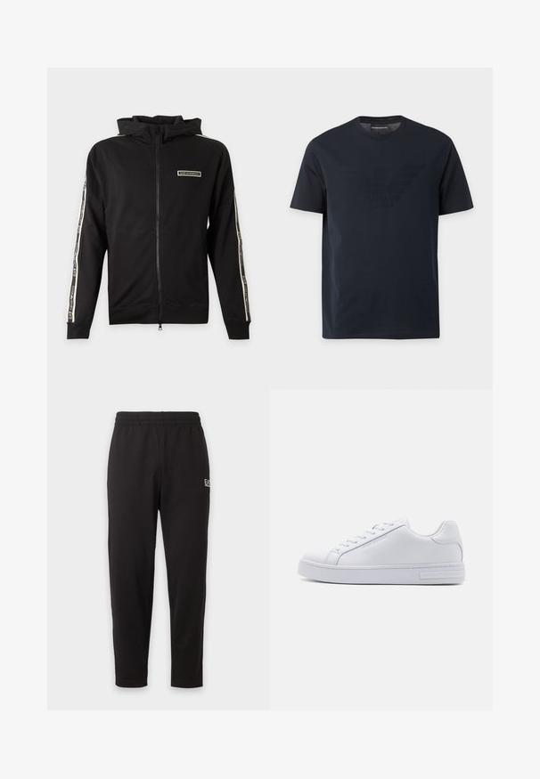 Sort lynlåstrøje med hætte med logo-patch på brystet og mærkede striber langs ærmerne.; Sort T-shirt med korte ærmer og rund halsudskæring med et diskret præget ørnelogo på brystet og et mærke med brandnavn indeni kraven.; Sorte elastiske sweatpants med taperede ben og et lille hvidt logo på den øverste venstre lår.; Hvide lædersneakers med en glat overflade, rund tå, snørebånd foran og flad gummisål. Har prægede branding på hælen.