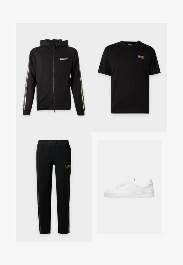 Čierna mikina s kapucňou na zips s logom na hrudi a pásikmi s označením pozdĺž rukávov.; Čierne bavlnené tričko s krátkymi rukávmi, ktoré má malé žlté vyšívané logo na ľavej časti hrude. Klasický dizajn s okrúhlym výstrihom.; Čierne tepláky majú zúžený strih, elastický pás so šnúrkou a zlaté prízvuky pozdĺž strán a na logu.; Biela nízka teniska so šnurovacím dizajnom, hladkým koženým zvrškom a hrubou podrážkou, zobrazená z bočného pohľadu na jednoduchom pozadí.