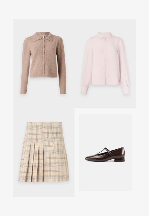 Beige neulecardigan, jossa on kaulus, koristeelliset napit ja hienovaraiset koristeet edessä. Pehmeä rakenne, ribbireuna.; Vaaleanpunainen pitkähihaisen paidan, jossa on kaulus, napillinen etuosa ja kerätyt hihat, valmistettu pehmeästä, sileäpintaisesta kankaasta.; Beige ruched ruutuhelma, jossa on sinisiä ja ruskeita viivoja, varustettuna muotoillulla vyötärönauhalla ja teksturoidulla kankaalla rakenteellista ilmettä varten.; Ruskeat patenttinahkaiset Mary Jane -kengät, joissa on pyöreä kärki, leikkauskuvio ja säädettävä remmi. Alhainen lohkokorko.