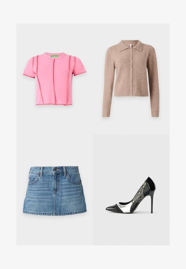 Cárdigan beige de punto con cuello, que presenta botones decorativos y sutiles adornos en el frente. Textura suave, dobladillo acanalado.; Camiseta corta rosa con cuello redondo, mangas cortas y costuras de contraste en rojo, con un diseño recortado.; Minifalda de mezclilla en azul claro con un diseño estructurado. Cuenta con bolsillos frontales, presillas para cinturón y un ligero desvanecimiento para darle textura.; Zapato de tacón alto en negro y plata con punta afilada, que presenta un panel lateral de malla con un patrón de piel de serpiente y un elegante tacón de aguja.